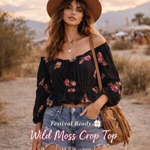 Wild Moss Crop Top L Black Floral Embroidered Boho Babydoll Peasant Festival Y2k